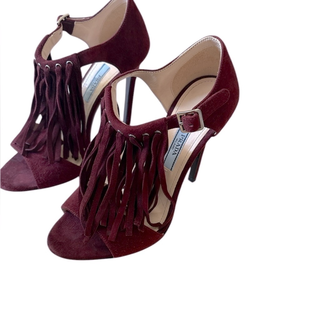 Prada Open Toe sandal heels Fringe Suede Ankle Strap burgundy Size EU 35 - Picture 3 of 12